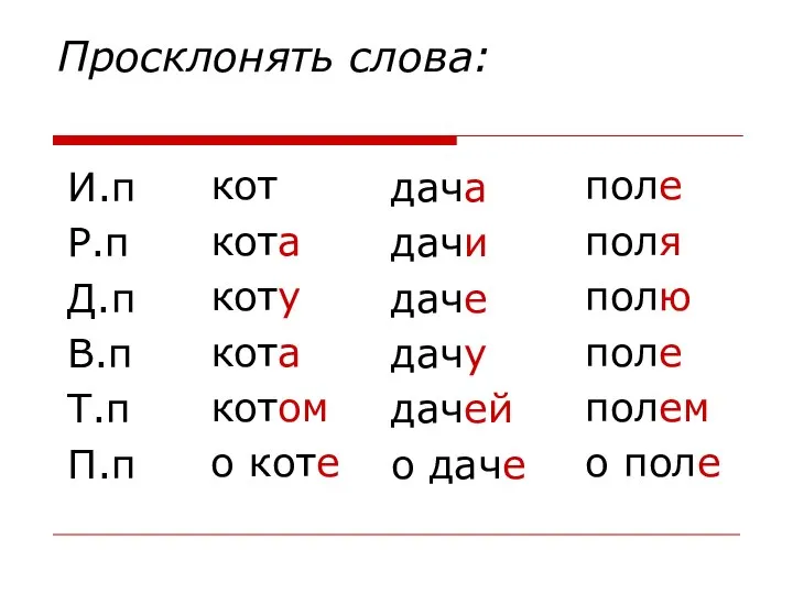 Просклонять слова: И.п Р.п Д.п В.п Т.п П.п кот кота коту