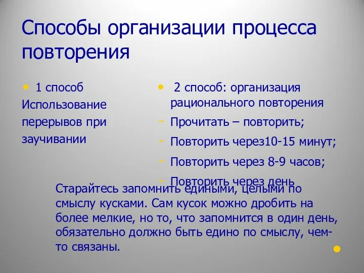 Способы организации процесса повторения 1 способ Использование перерывов при заучивании 2