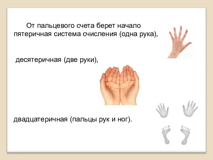 От пальцевого счета берет начало пятеричная система счисления (одна рука), десятеричная