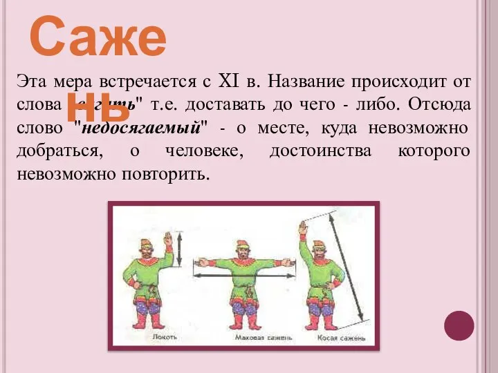 Эта мера встречается с XI в. Название происходит от слова "сягать"