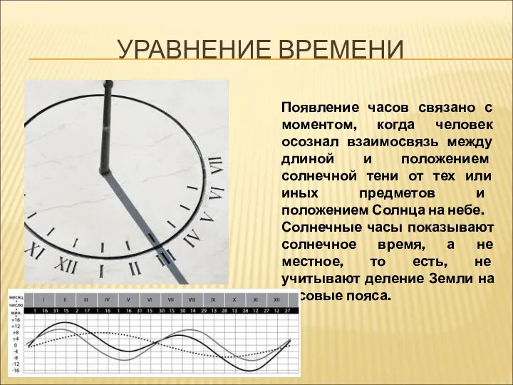 УРАВНЕНИЕ ВРЕМЕНИ Появление часов связано с моментом, когда человек осознал взаимосвязь