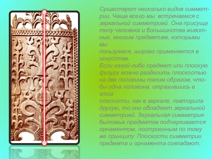 Существует несколько видов симмет- рии. Чаще всего мы встречаемся с зеркальной