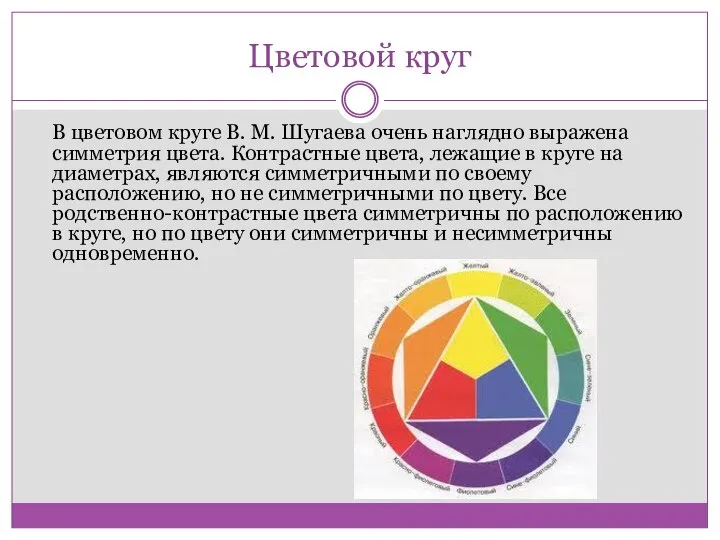 Цветовой круг В цветовом круге В. М. Шугаева очень наглядно выражена