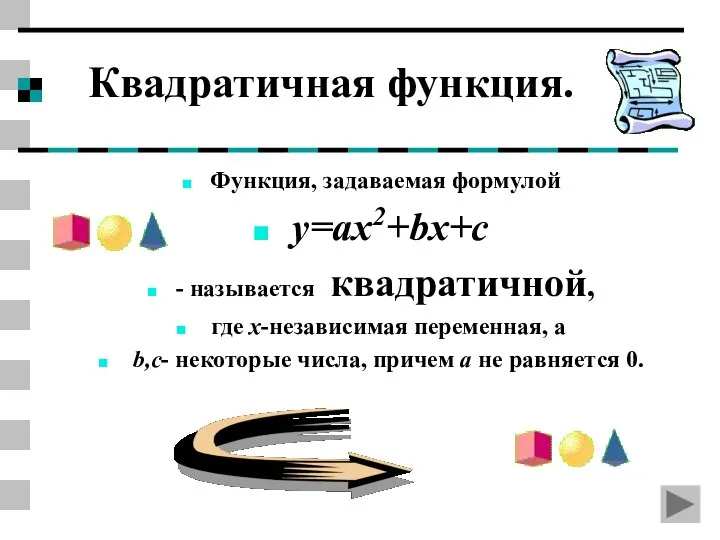 Квадратичная функция. Функция, задаваемая формулой y=ax2+bx+c - называется квадратичной, где x-независимая