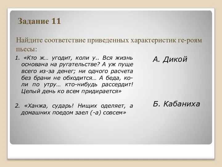 Задание 11 Найдите соответствие приведенных характеристик ге-роям пьесы: 1. «Кто ж…
