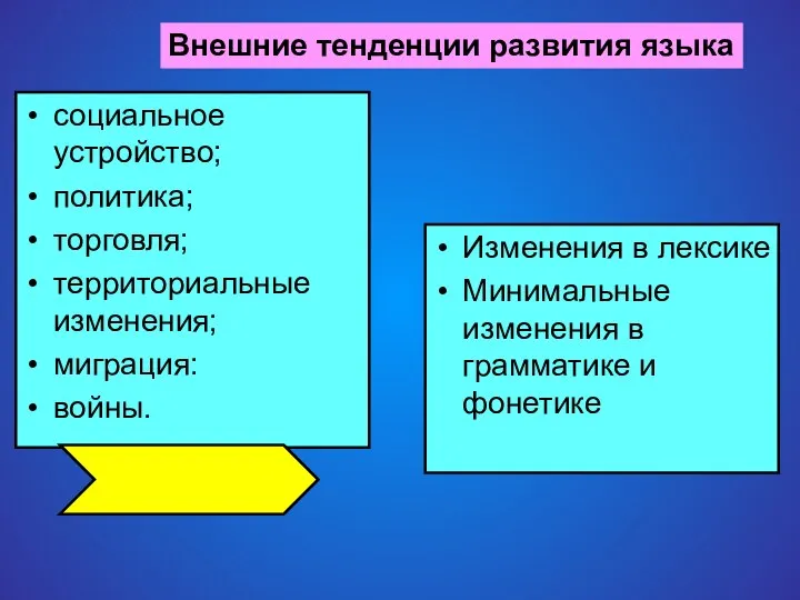 Изменения в лексике Минимальные изменения в грамматике и фонетике социальное устройство;