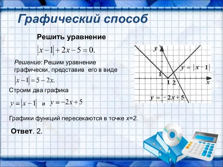 Решить уравнение Решение: Решим уравнение графически, представив его в виде Строим