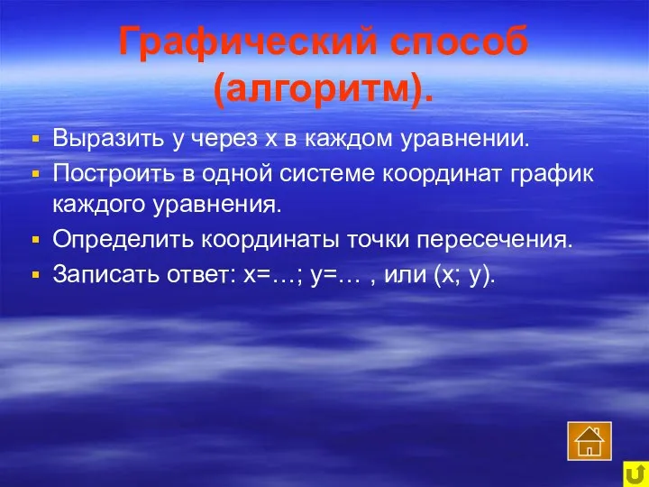 Графический способ (алгоритм). Выразить у через х в каждом уравнении. Построить