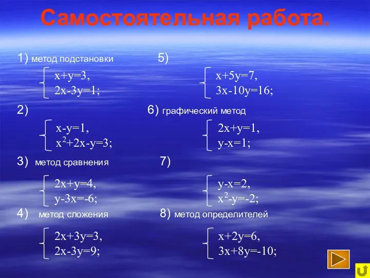 Самостоятельная работа. 1) метод подстановки 5) 2) 6) графический метод 3)