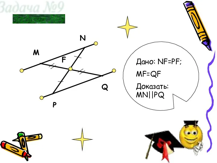 М N P Q F Задача №9 Дано: NF=PF; MF=QF Доказать: MN||PQ