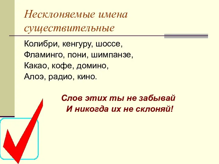 Несклоняемые имена существительные Колибри, кенгуру, шоссе, Фламинго, пони, шимпанзе, Какао, кофе,