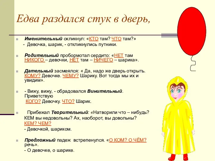 Едва раздался стук в дверь, Именительный окликнул: «КТО там? ЧТО там?»