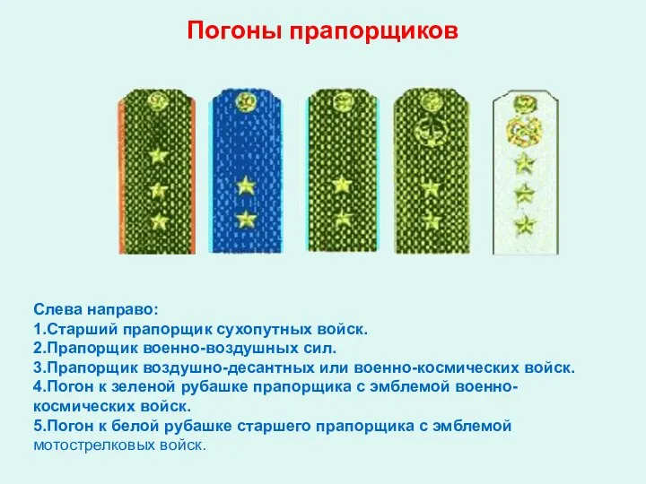 Погоны прапорщиков Слева направо: 1.Старший прапорщик сухопутных войск. 2.Прапорщик военно-воздушных сил.