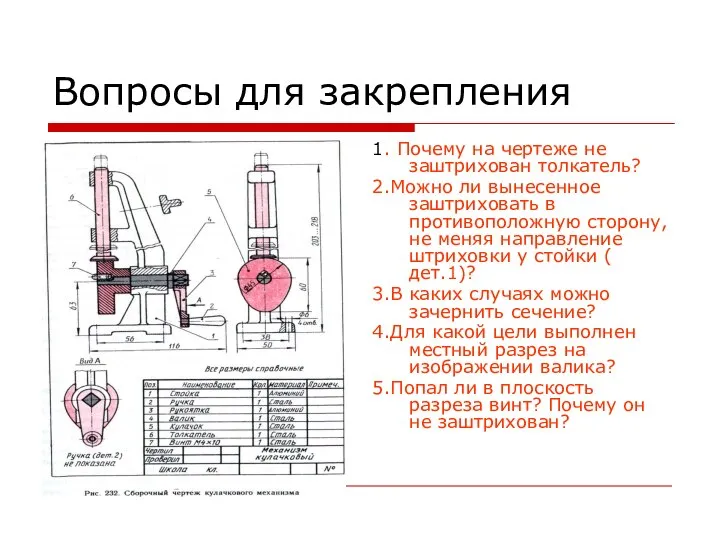 Вопросы для закрепления 1. Почему на чертеже не заштрихован толкатель? 2.Можно