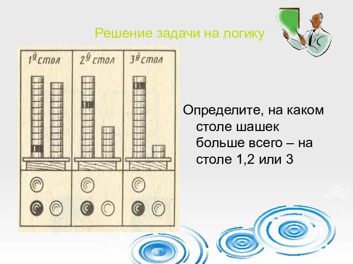 Решение задачи на логику Определите, на каком столе шашек больше всего