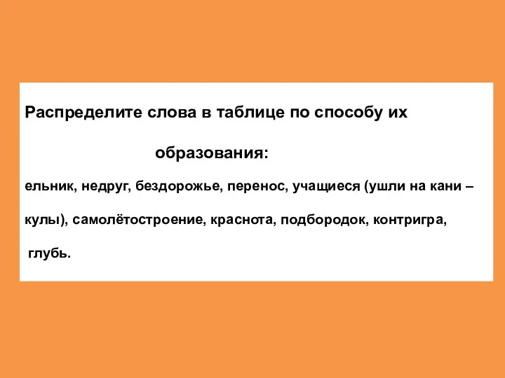 Распределите слова в таблице по способу их образования: ельник, недруг, бездорожье,