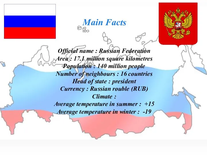 Main Facts Official name : Russian Federation Area : 17.1 million