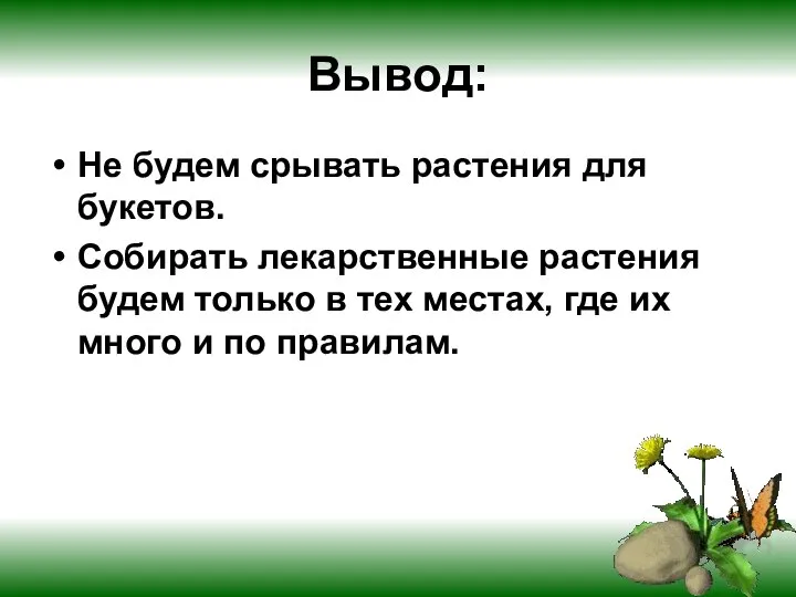 Вывод: Не будем срывать растения для букетов. Собирать лекарственные растения будем