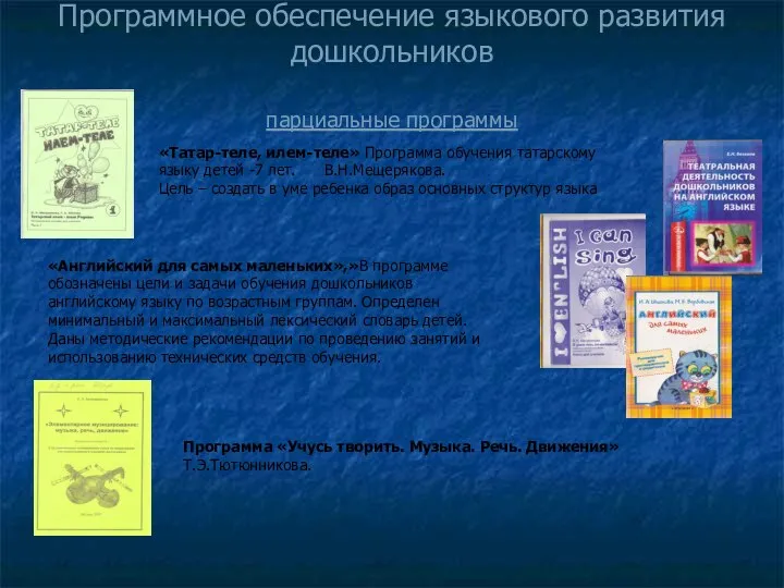 Программное обеспечение языкового развития дошкольников парциальные программы «Английский для самых маленьких»,»В