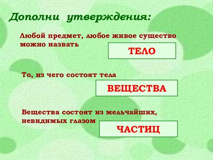 Дополни утверждения: Любой предмет, любое живое существо можно назвать ТЕЛО То,