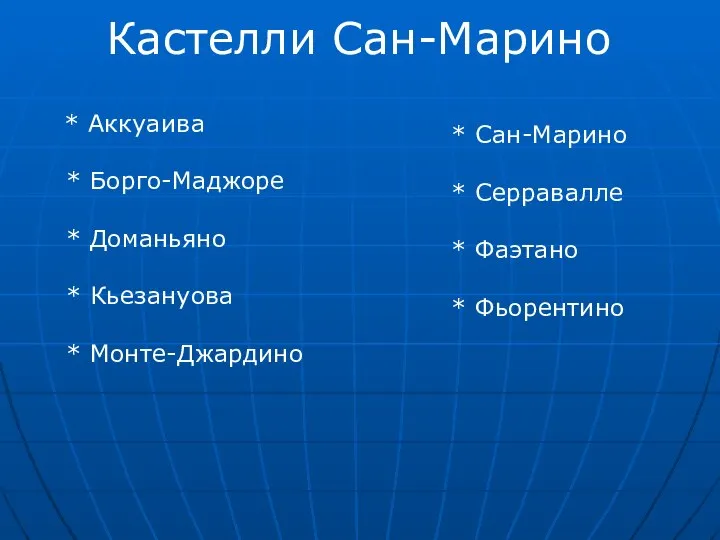 Кастелли Сан-Марино * Аккуаива * Борго-Маджоре * Доманьяно * Кьезануова *