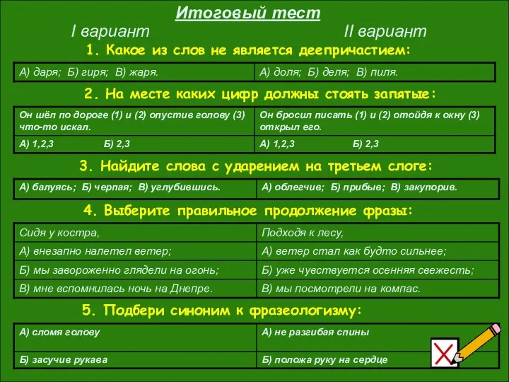 I вариант II вариант Итоговый тест 1. Какое из слов не