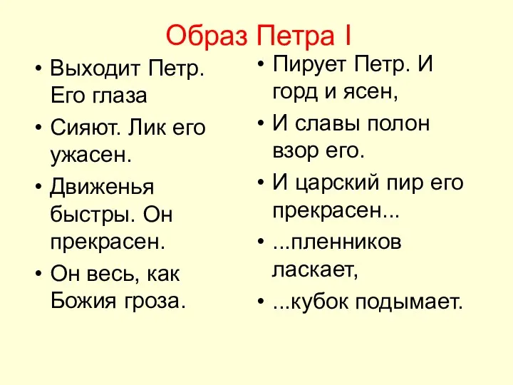 Образ Петра I Выходит Петр. Его глаза Сияют. Лик его ужасен.