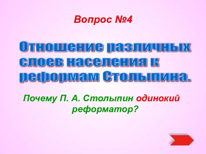 Вопрос №4 Почему П. А. Столыпин одинокий реформатор? Отношение различных слоев населения к реформам Столыпина.