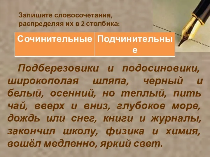 Запишите словосочетания, распределяя их в 2 столбика: Подберезовики и подосиновики, широкополая