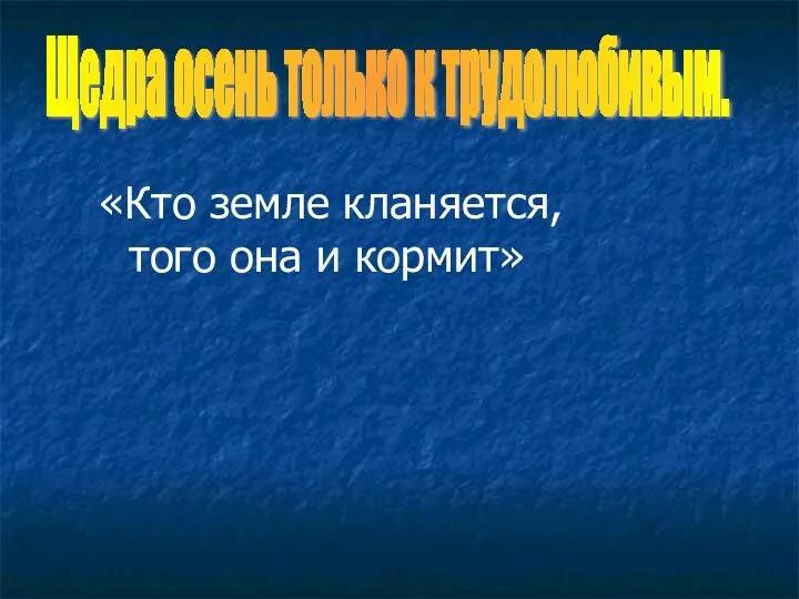 «Кто земле кланяется, того она и кормит» Щедра осень только к трудолюбивым.