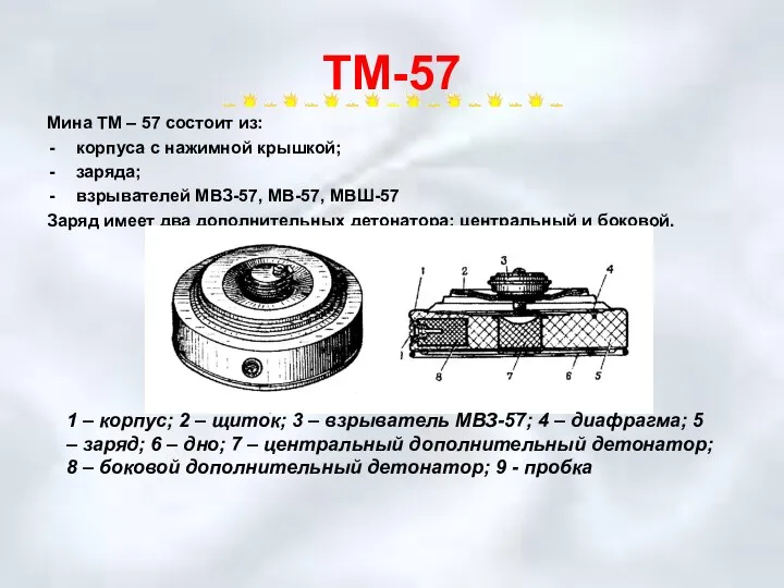 ТМ-57 Мина ТМ – 57 состоит из: корпуса с нажимной крышкой;