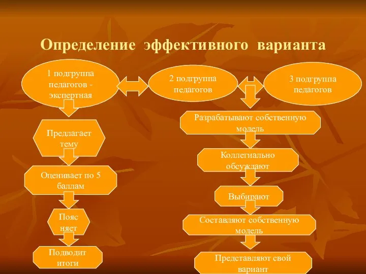 Определение эффективного варианта 1 подгруппа педагогов - экспертная 3 подгруппа педагогов