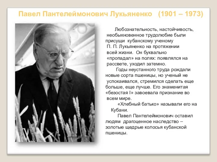 Павел Пантелеймонович Лукьяненко (1901 – 1973) Любознательность, настойчивость, необыкновенное трудолюбие были