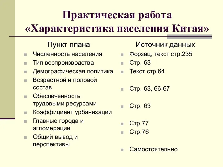 Практическая работа «Характеристика населения Китая» Пункт плана Численность населения Тип воспроизводства