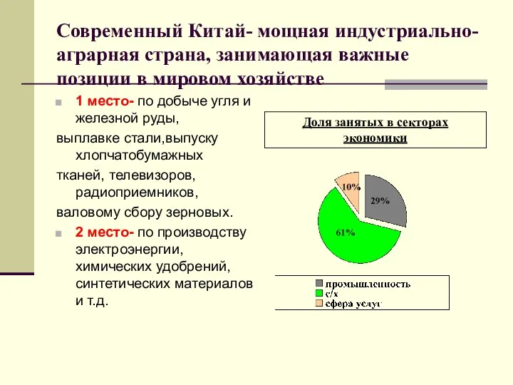 Современный Китай- мощная индустриально-аграрная страна, занимающая важные позиции в мировом хозяйстве