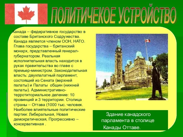 ПОЛИТИЧЕКОЕ УСТРОЙСТВО Канада – федеративное государство в составе Британского Содружества. Канада