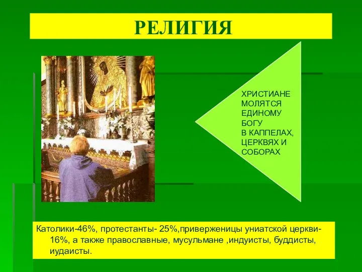 РЕЛИГИЯ Католики-46%, протестанты- 25%,приверженицы униатской церкви- 16%, а также православные, мусульмане