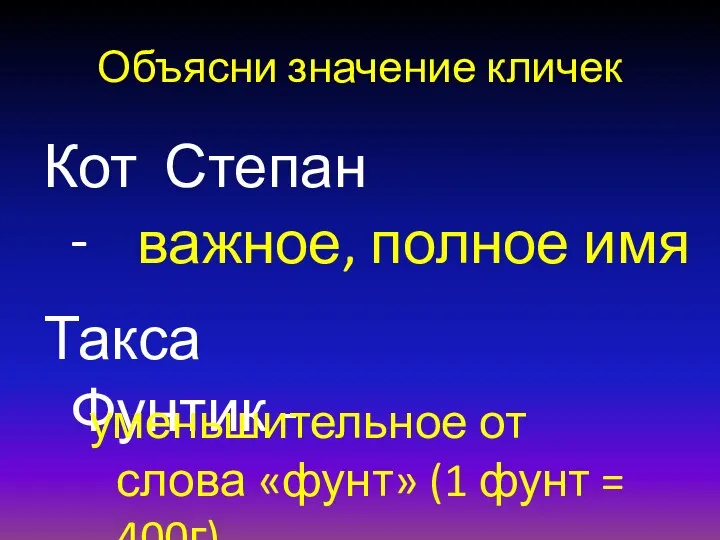 Объясни значение кличек Кот Степан - Такса Фунтик - важное, полное