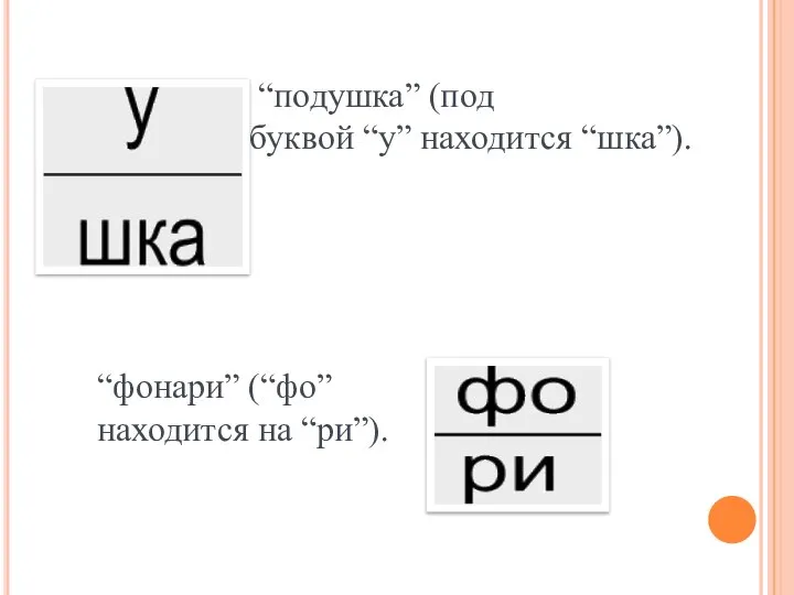 “подушка” (под буквой “у” находится “шка”). “фонари” (“фо” находится на “ри”).