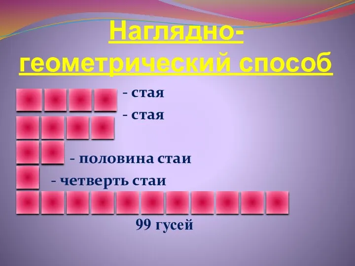 Наглядно-геометрический способ - стая - стая - половина стаи - четверть стаи 99 гусей