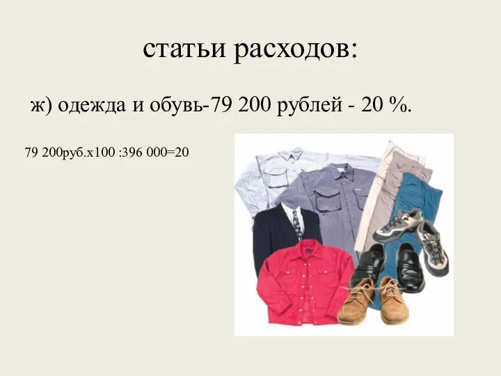 статьи расходов: ж) одежда и обувь-79 200 рублей - 20 %. 79 200руб.х100 :396 000=20