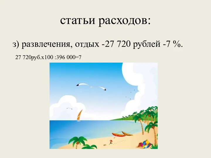 статьи расходов: з) развлечения, отдых -27 720 рублей -7 %. 27 720руб.х100 :396 000=7