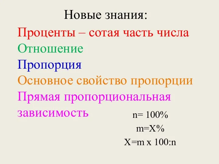 Проценты – сотая часть числа Отношение Пропорция Основное свойство пропорции Прямая