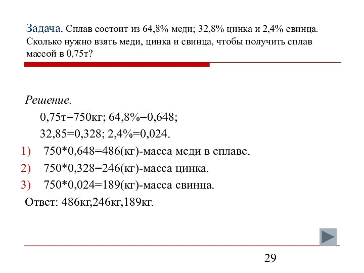 Задача. Сплав состоит из 64,8% меди; 32,8% цинка и 2,4% свинца.