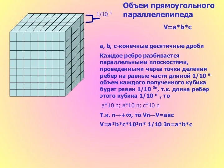 1/10 n Объем прямоугольного параллелепипеда V=a*b*c a, b, c-конечные десятичные дроби