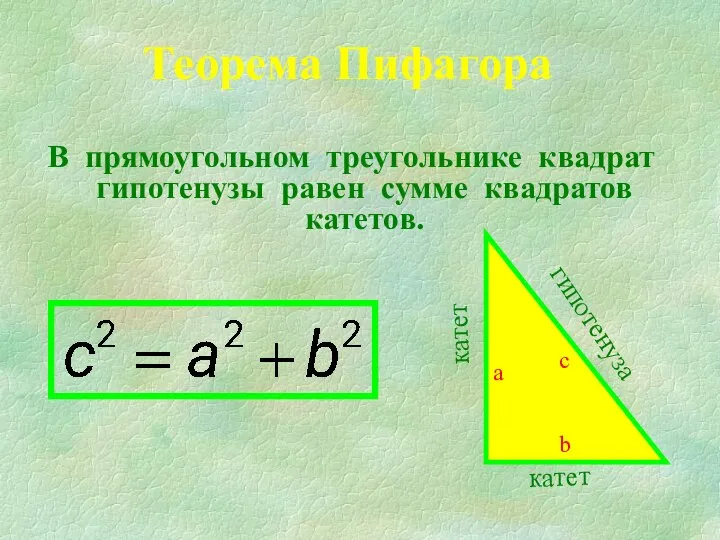 В прямоугольном треугольнике квадрат гипотенузы равен сумме квадратов катетов. Теорема Пифагора