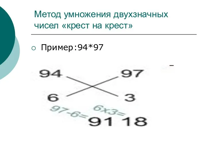 Метод умножения двухзначных чисел «крест на крест» Пример:94*97