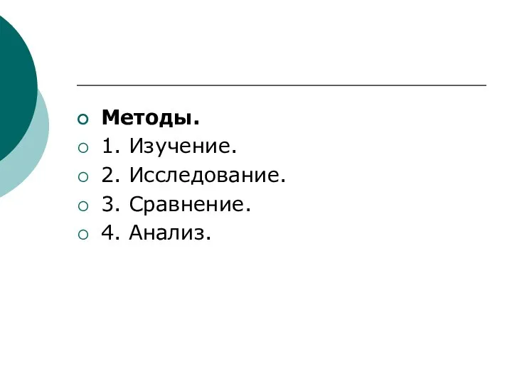 Методы. 1. Изучение. 2. Исследование. 3. Сравнение. 4. Анализ.