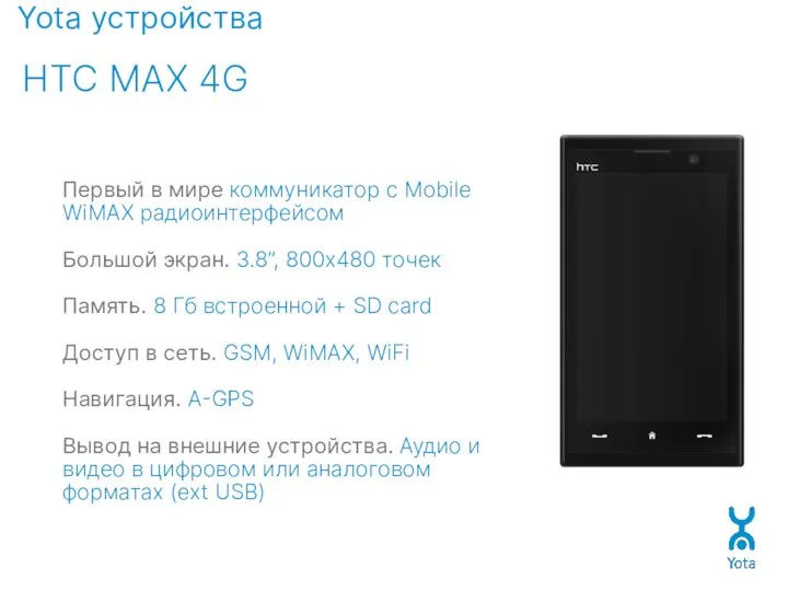 Yota устройства HTC MAX 4G Первый в мире коммуникатор с Mobile