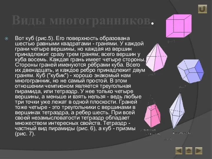 Виды многогранников. Вот куб (рис.5). Его поверхность образована шестью равными квадратами